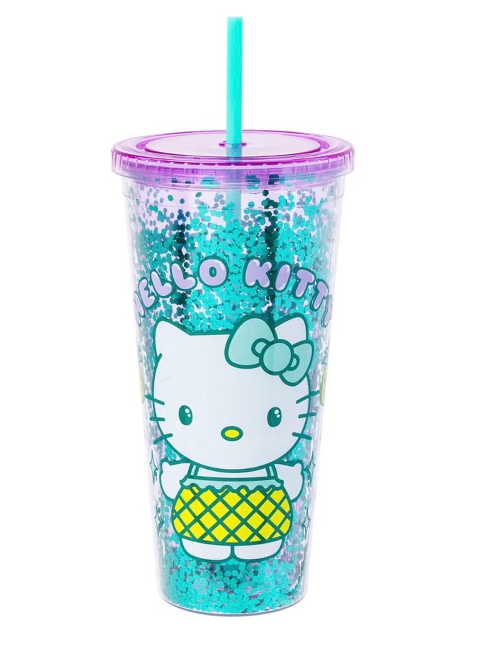 New Hello Kitty Teal Glitter Confetti Tumblers with Purple Lid and Teal Straw